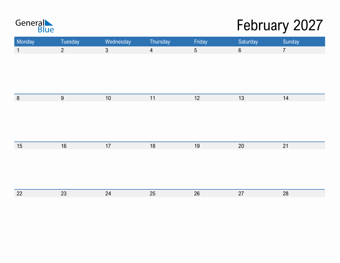 Editable Calendar Template for February 2027