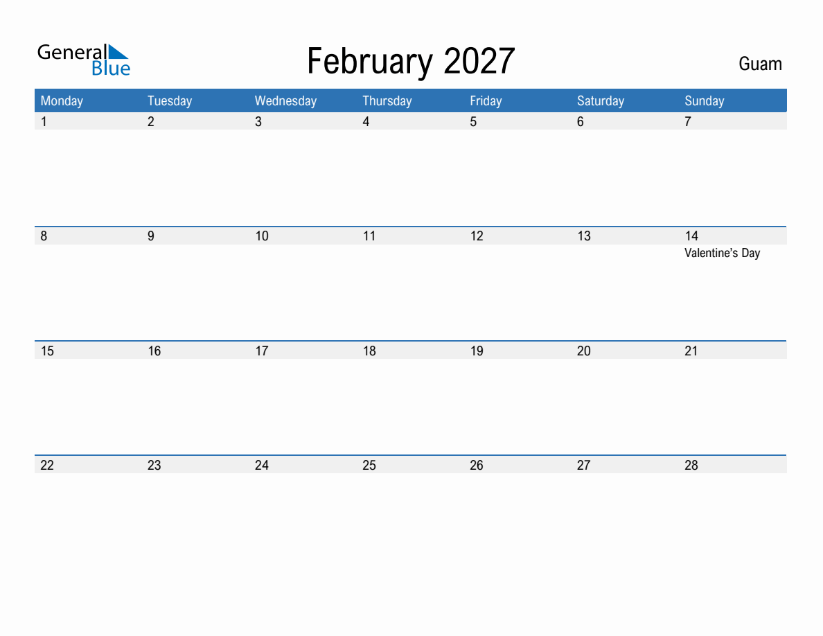 Editable February 2027 Calendar with Guam Holidays