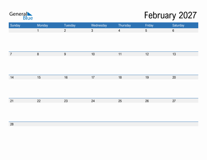 Fillable Calendar for February 2027