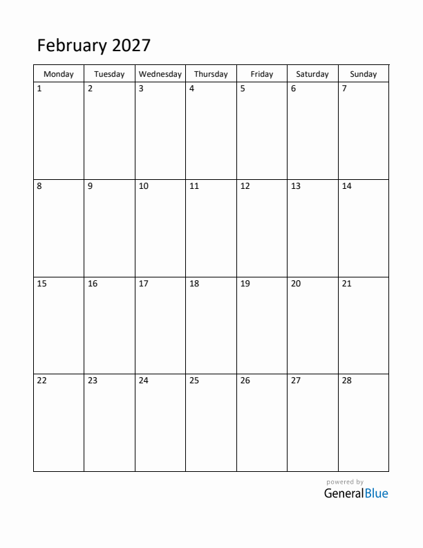 Monday Start Calendar for February 2027