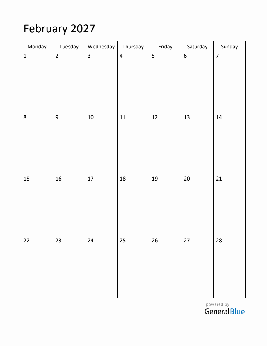 Editable February 2027 Monthly Calendar