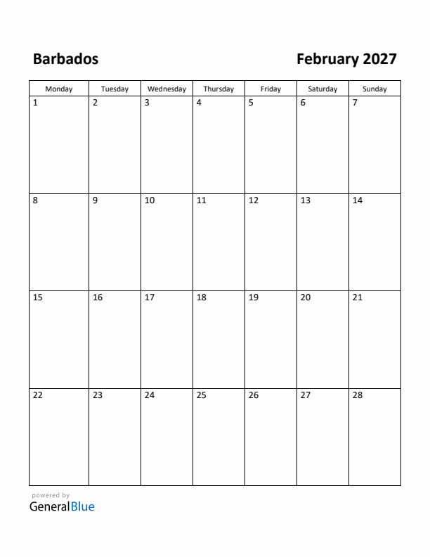 February 2027 Calendar with Barbados Holidays