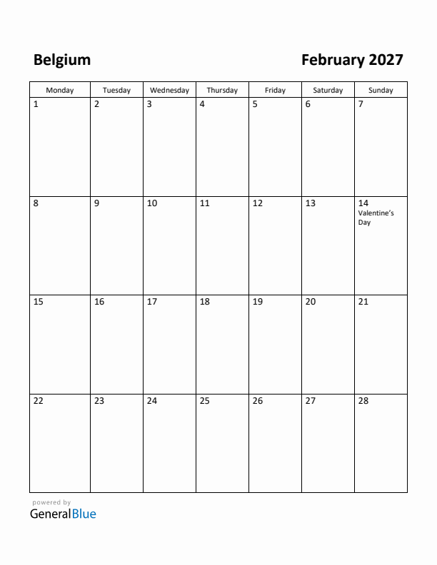February 2027 Calendar with Belgium Holidays