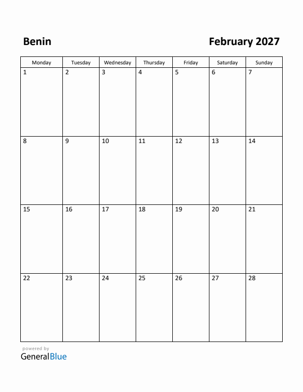 February 2027 Calendar with Benin Holidays