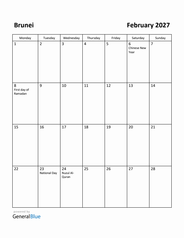 February 2027 Calendar with Brunei Holidays