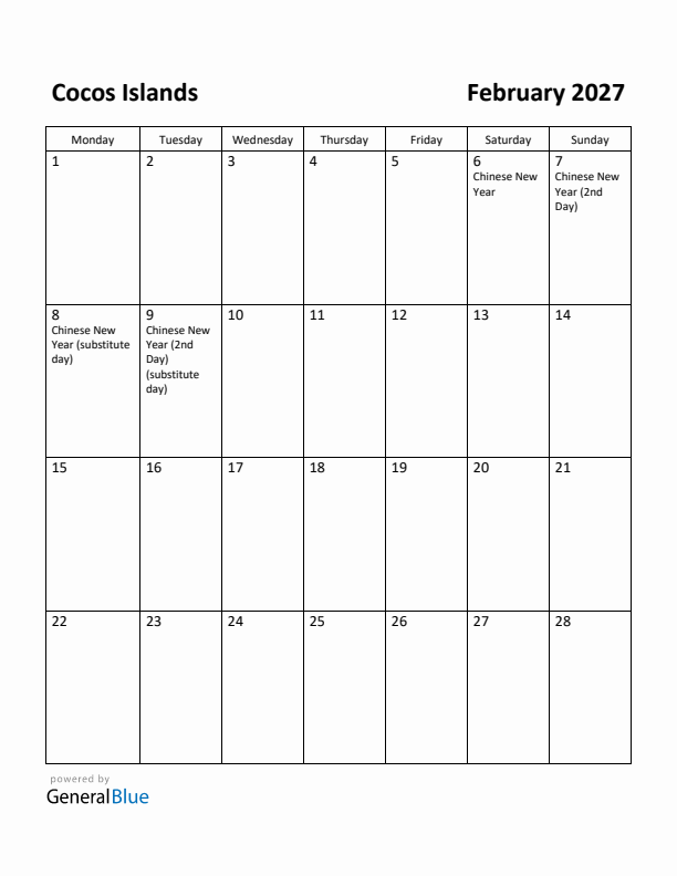 February 2027 Calendar with Cocos Islands Holidays