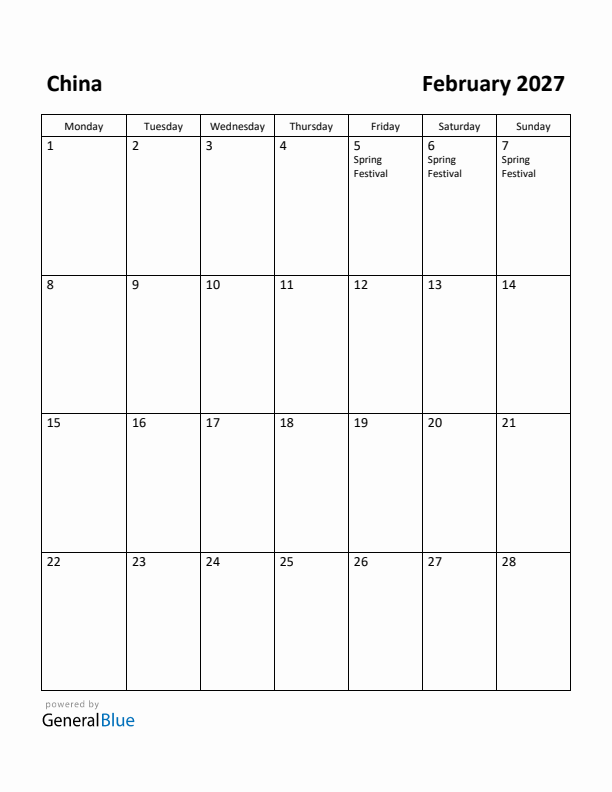 February 2027 Calendar with China Holidays