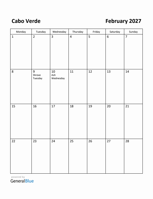 February 2027 Calendar with Cabo Verde Holidays