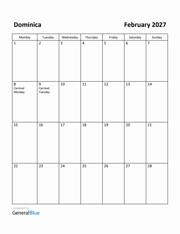 February 2027 Calendar with Dominica Holidays