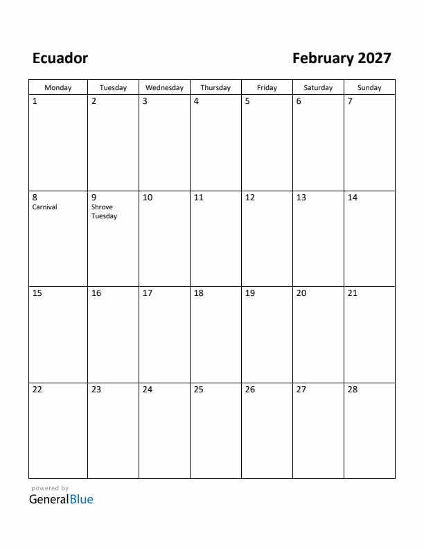 February 2027 Calendar with Ecuador Holidays