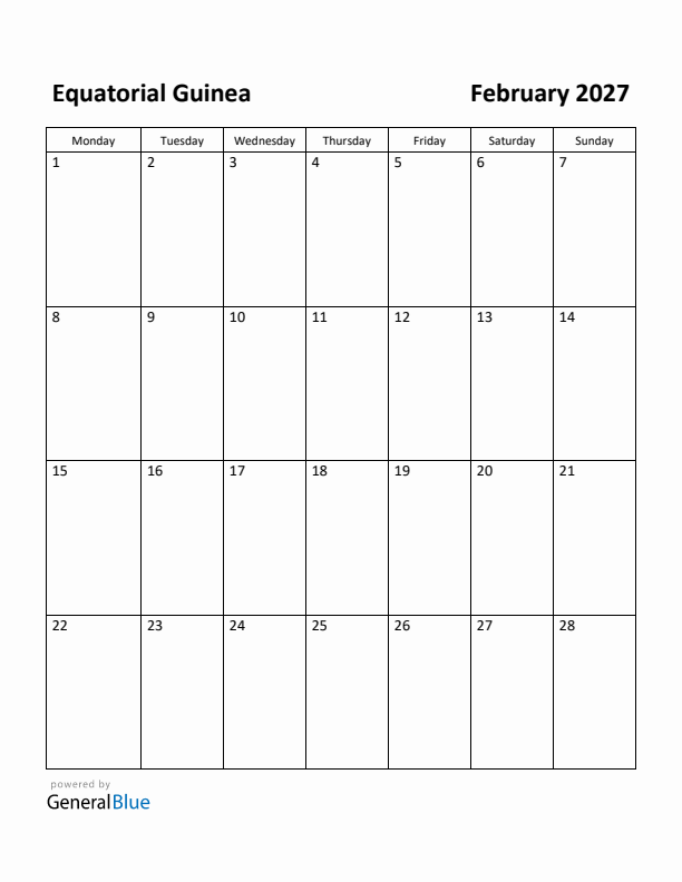 February 2027 Calendar with Equatorial Guinea Holidays