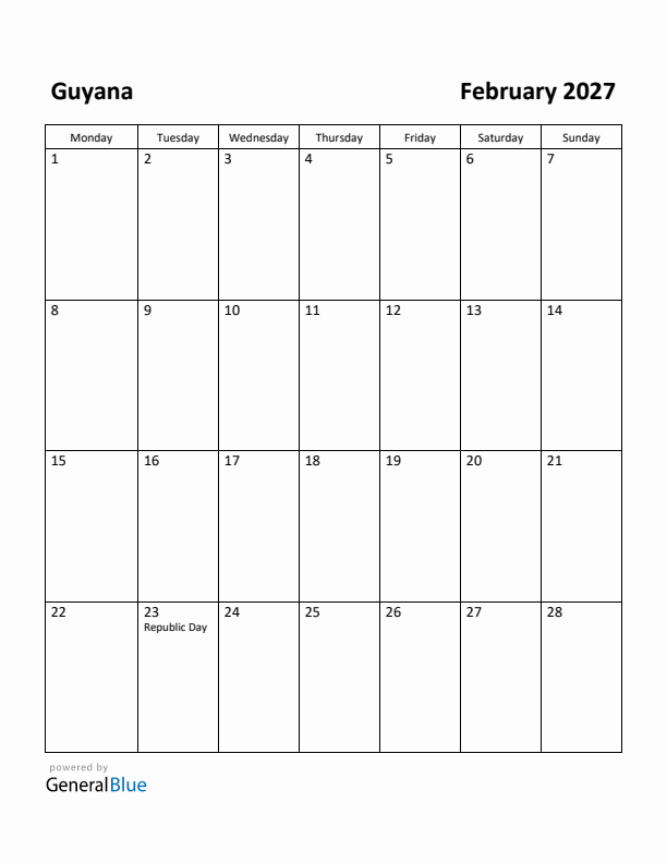 February 2027 Calendar with Guyana Holidays