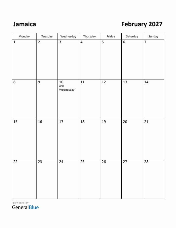 February 2027 Calendar with Jamaica Holidays