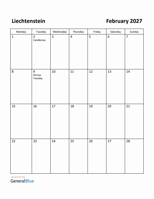 February 2027 Calendar with Liechtenstein Holidays