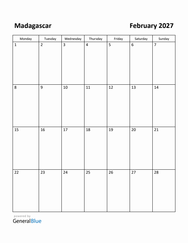 February 2027 Calendar with Madagascar Holidays