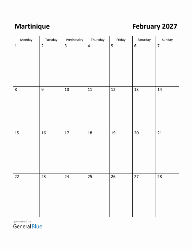 February 2027 Calendar with Martinique Holidays