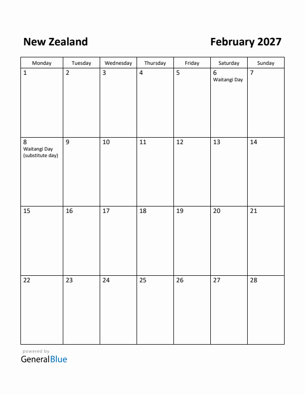 February 2027 Calendar with New Zealand Holidays