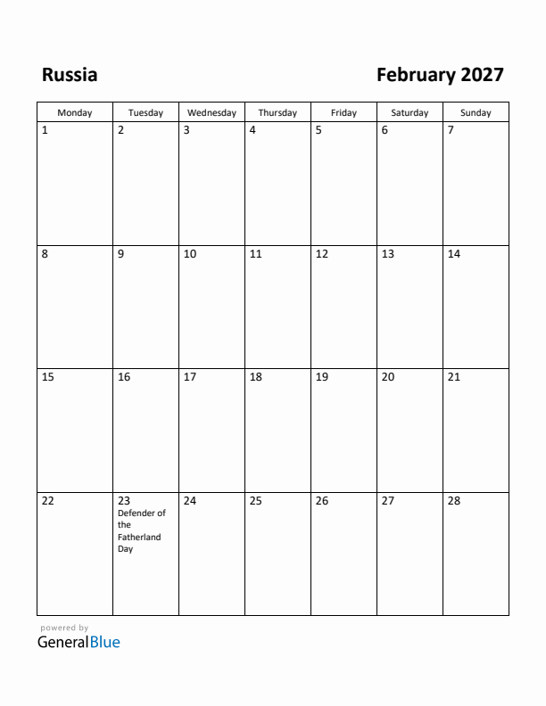 February 2027 Calendar with Russia Holidays