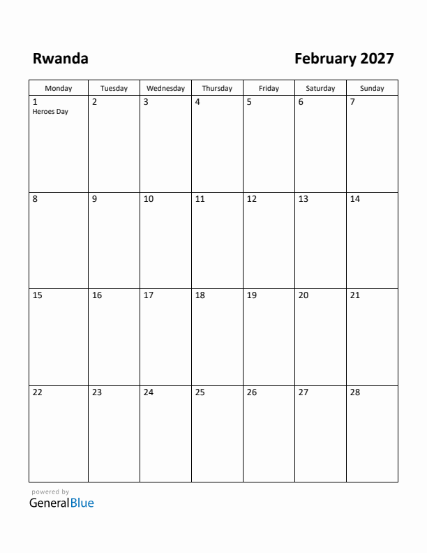 February 2027 Calendar with Rwanda Holidays