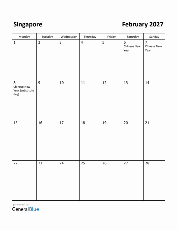 February 2027 Calendar with Singapore Holidays