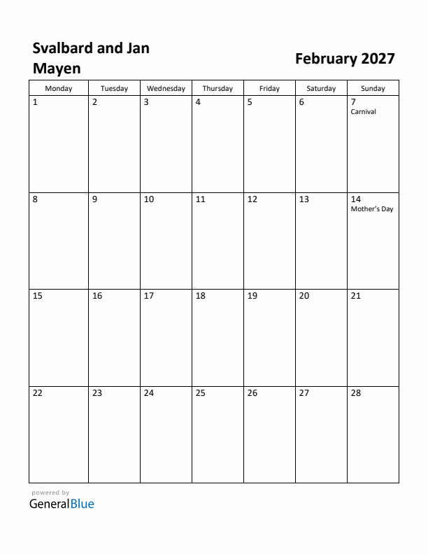 February 2027 Calendar with Svalbard and Jan Mayen Holidays