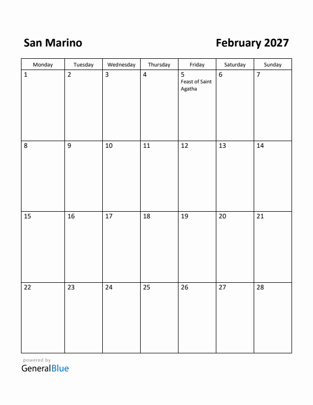 February 2027 Calendar with San Marino Holidays
