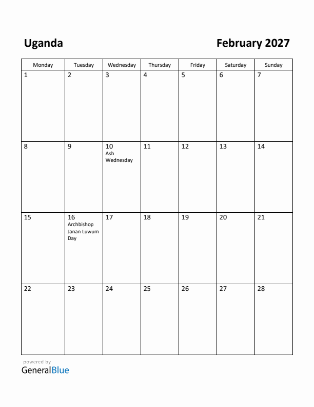 February 2027 Calendar with Uganda Holidays