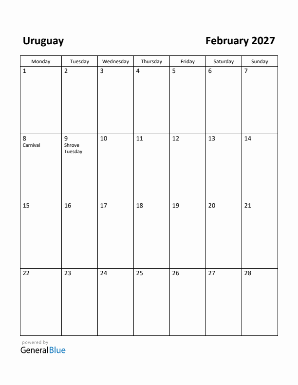 February 2027 Calendar with Uruguay Holidays