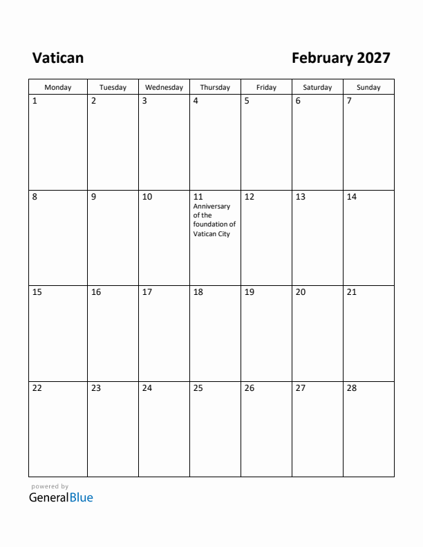 February 2027 Calendar with Vatican Holidays