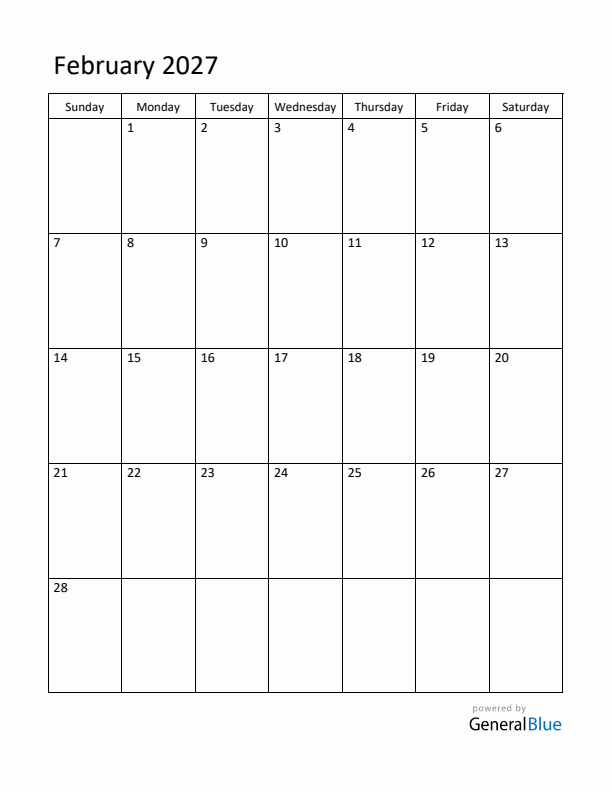 Sunday Start Calendar for February 2027