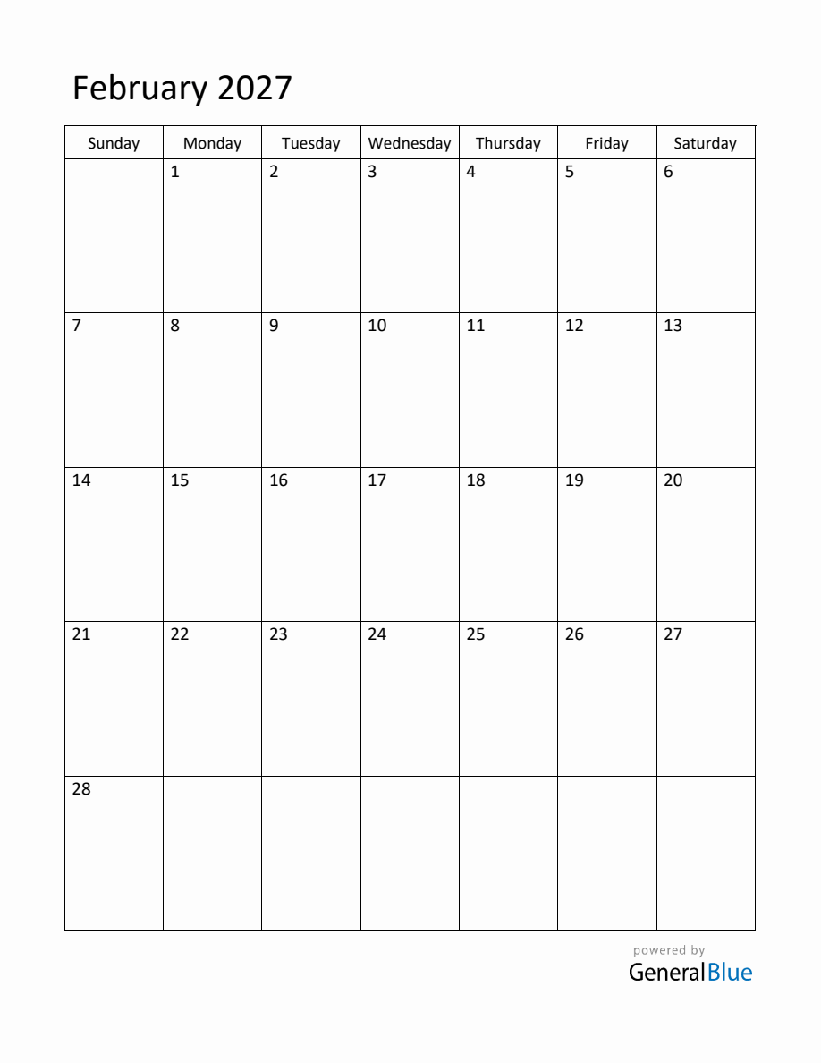 Editable February 2027 Monthly Calendar