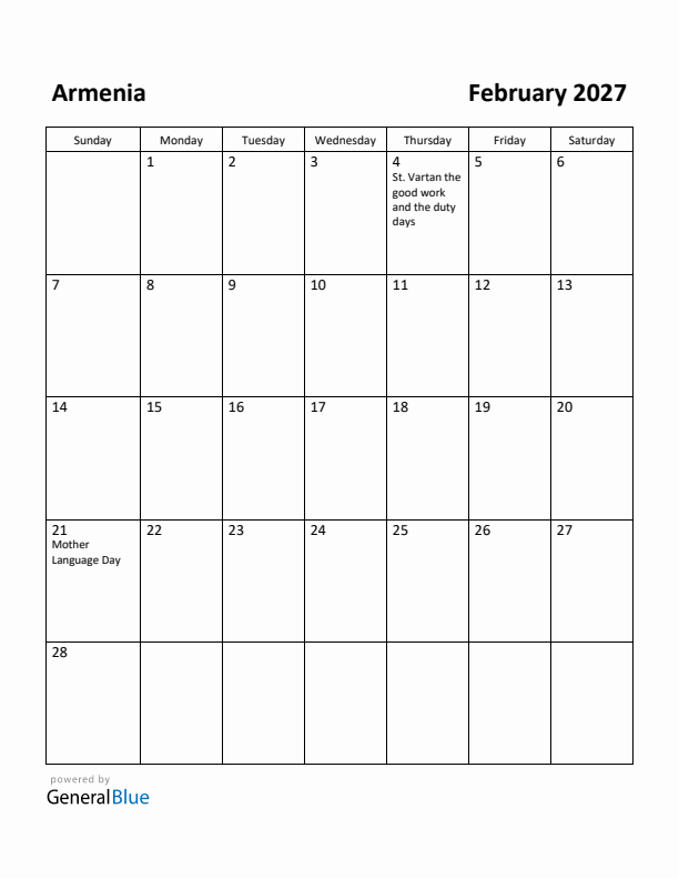 February 2027 Calendar with Armenia Holidays