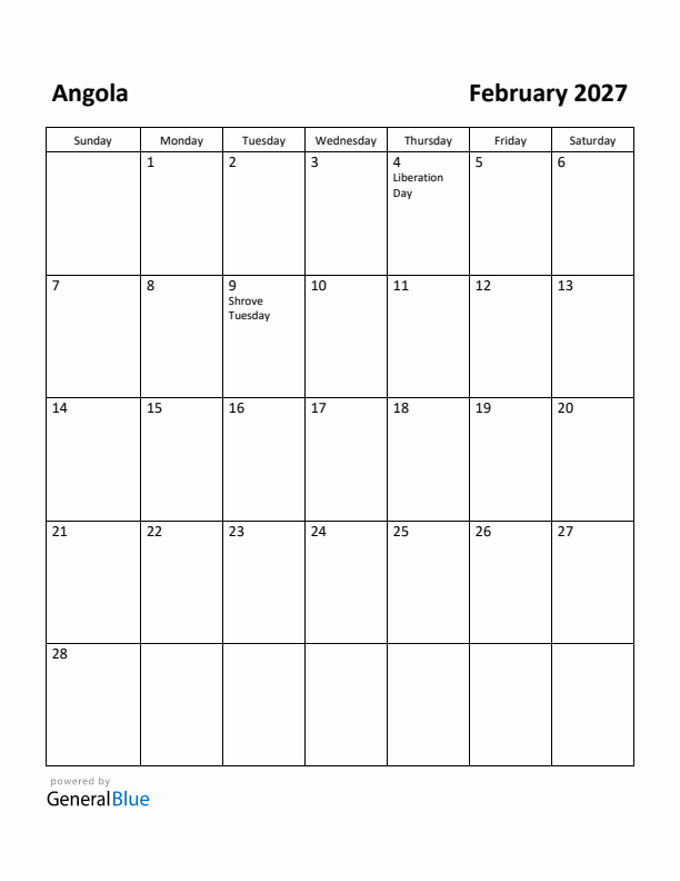 February 2027 Calendar with Angola Holidays