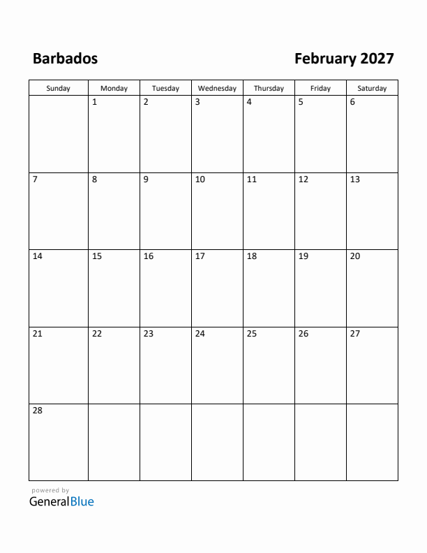 February 2027 Calendar with Barbados Holidays