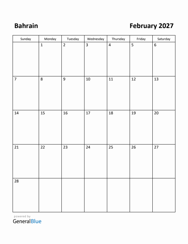 February 2027 Calendar with Bahrain Holidays