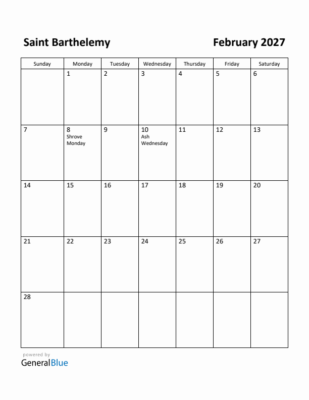 February 2027 Calendar with Saint Barthelemy Holidays