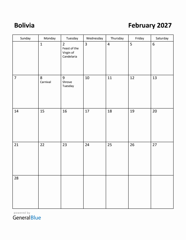 February 2027 Calendar with Bolivia Holidays