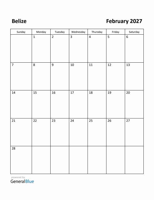 February 2027 Calendar with Belize Holidays