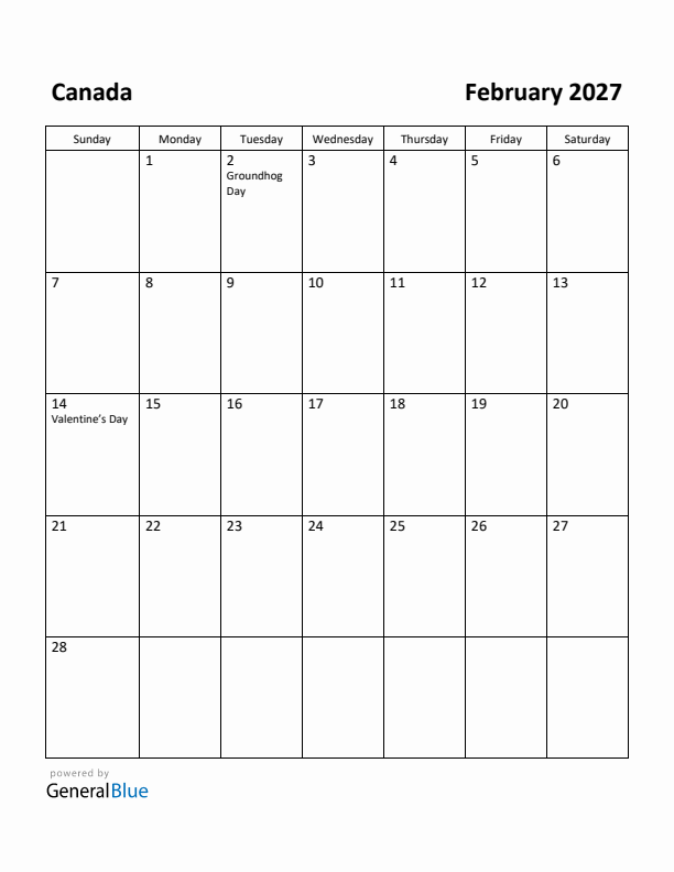 February 2027 Calendar with Canada Holidays