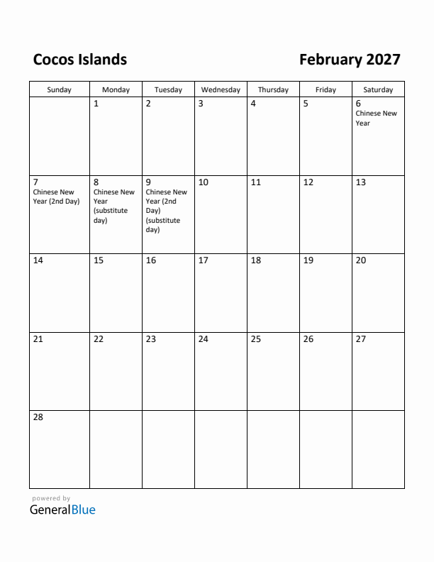 February 2027 Calendar with Cocos Islands Holidays