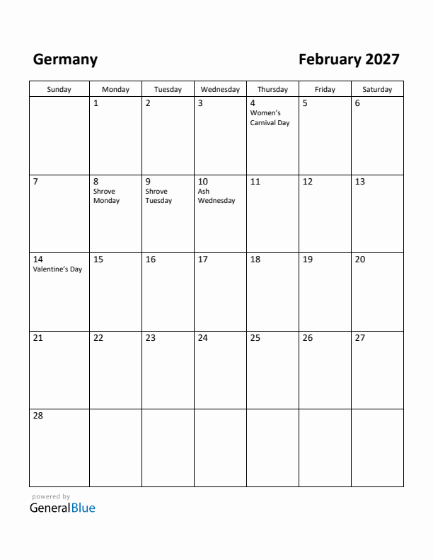 February 2027 Calendar with Germany Holidays