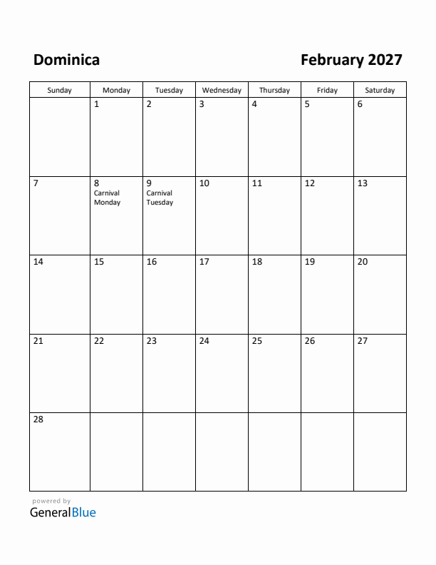 February 2027 Calendar with Dominica Holidays