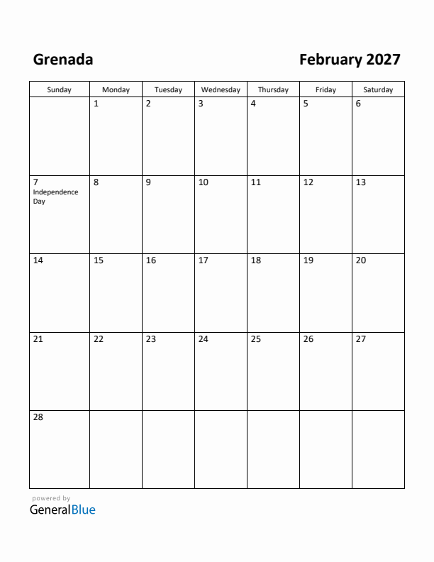 February 2027 Calendar with Grenada Holidays