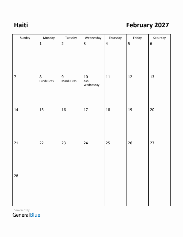 February 2027 Calendar with Haiti Holidays