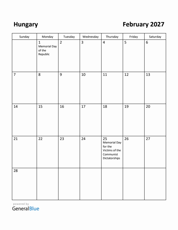 February 2027 Calendar with Hungary Holidays