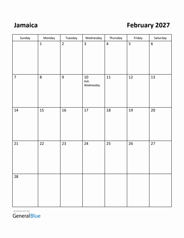 February 2027 Calendar with Jamaica Holidays