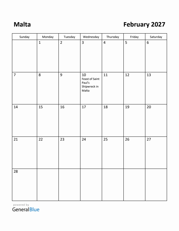 February 2027 Calendar with Malta Holidays