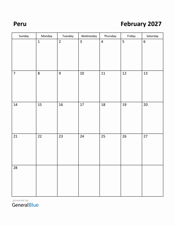 February 2027 Calendar with Peru Holidays