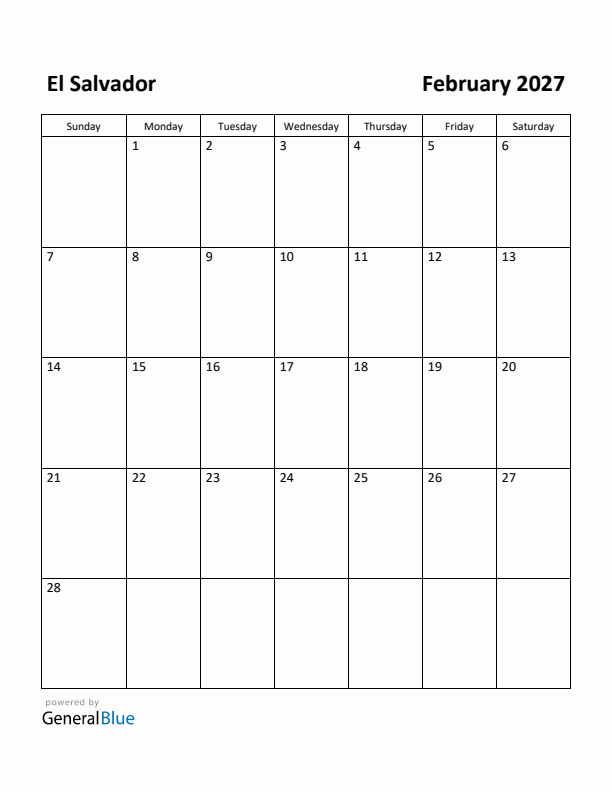 February 2027 Calendar with El Salvador Holidays