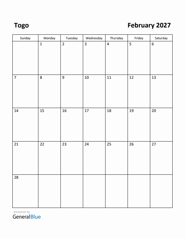 February 2027 Calendar with Togo Holidays